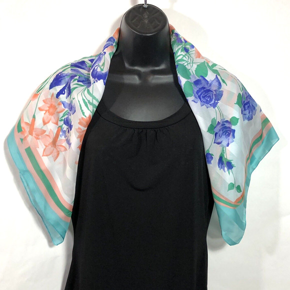 Floral Coquette Scarf Blue Peach 30" Square Striped Bow Retro Italy Vintage - Picture 8 of 10